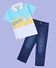 Kiddopanti Cotton Knit Half Sleeves Cut & Sew Polo Tee Jeans Set - Yellow Sky & Dark Blue