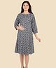 Morph Cotton Knit Three Fourth Sleeves Abstract Printed Adjustable Back Tie Dress Maternity Dress - Black