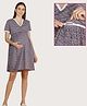 Morph Cotton Knit Half Sleeves Floral Printed Maternity Dress With Horizontal Nursing Access - Grey