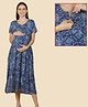 Morph Cotton Knit Half Sleeves Dragonfly Printed Maternity Dress With Vertical Nursing Access - Navy Blue