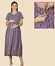 Morph Cotton Knit Half Sleeves Floral Printed Maternity Dress With Vertical Nursing Access - Grey