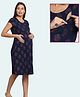 Morph Cotton Knit Half Sleeves Floral Printed Maternity Dress With Side Seam Nursing Access - Navy Blue