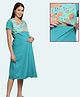 Morph Cotton Knit Half Sleeves Floral Printed Maternity Nighty With Overlap Zipper Nursing Access - Blue