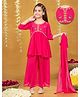 Pehanaava Muslin Woven Three Fourth Sleeves Thread Work Floral Embroidered & Beads Embellished Kurti Palazzo With Dupatta Set -  Pink