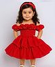 TINY MINY MEE Elastane Woven Cold Shoulder Sleeves Ruffle Detailed & Pearls Embellished Layered Dress - Red