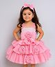 TINY MINY MEE Elastane Woven Sleeveless Floral & Bow Applique Detailed Layered Dress - Pink