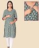 Morph Cotton Knit Three Fourth Sleeves Abstract Printed Maternity Kurti With Front Open Nursing Access - Green