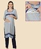 Morph Cotton Knit Three Fourth Sleeves Abstract Floral Printed Maternity Kurti With Overlap Concealed Zipper Nursing Access - White