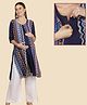 Morph Cotton Knit Three Fourth Sleeves Abstract Printed Maternity Kurti With Front Concealed Zipper Nursing Access - Navy Blue