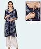 Morph Cotton Knit Three Fourth Sleeves Floral Printed Maternity Kurti With Front Concealed Zipper Nursing Access - Navy Blue