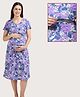 Morph Cotton Knit Half Sleeves Floral Printed Maternity Nighty With Overlap Concealed Zipper Access - Magenta