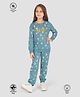 TRESNOVA  Cotton Knit Full Sleeves Hello Text Printed Coordinating Antimicrobial Night Suit Set - Teal Blue