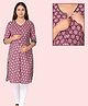 Morph Cotton Knit Three Fourth Sleeves Abstract Printed Maternity Kurti With Front Concealed Zipper Nursing Access - Magenta
