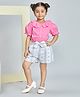 Peppermint Cotton Blend Knit Half Puffed Sleeves Bow Applique Detailed Peter Pan Collared Top With Shorts Set - Pink