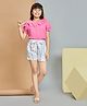 Peppermint Cotton Blend Knit Half Puffed Sleeves Bow Applique Detailed Peter Pan Collared Top With Shorts Set - Pink