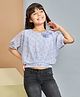 Peppermint Chiffon Woven Half Kimono Sleeves Abstract Printed & Floral Applique Detailed Crop Top - Purple
