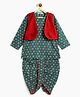 Campana 100% Cotton Woven Full Sleeves Floral Printed Kurta Dhoti With Jacket Set - Teal Green & Maroon