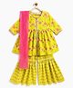 Campana 100% Cotton Woven Three Fourth Sleeves Floral Printed & Gota Lace Embellished Kurti Sharara With Dupatta Set - Lime Green & Pink