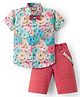 Dapper Dudes Half Sleeves Smiley Printed Shirt & Shorts Set With Bow & Suspender - Pink