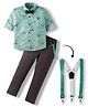 Dapper Dudes Full Sleeves Typography Printed Shirt & Pant Set With Suspender & Bow - Green