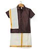 Dapper Dudes Half Sleeves Solid Shirt With Mundu Lungi & Angavastram - Dark Brown