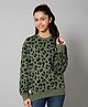 ALAN JONES Cotton Blend Knit Full Sleeves Leopard Printed Oversized  Light Winter Sweatshirt - Khaki Green