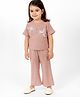 Kozeecub Cotton Knit Half Sleeves Bow Applique Detailed Top With Pants Set - Pink