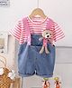 POP STREET KIDS Cotton Knit Teddy Bear Applique Detailed Dungaree With Half Sleeves Striped Tee - Pink