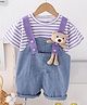 POP STREET KIDS Cotton Knit Teddy Bear Applique Detailed Dungaree With Half Sleeves Striped Tee - Purple