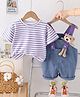 POP STREET KIDS Cotton Knit Teddy Bear Applique Detailed Dungaree With Half Sleeves Striped Tee - Purple