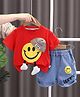 POP STREET KIDS Cotton Knit Half Sleeves Smiley Face  Printed Tee With Shorts Set - Red