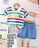 POP STREET KIDS Cotton Knit Half Sleeves Striped Polo Tee With Shorts Set - Multi Colour