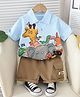 POP STREET KIDS Cotton Knit Half Sleeves Animals Printed Polo Tee With Shorts Set - Sky Blue