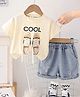 POP STREET KIDS Cotton Knit Half Sleeves Sneakers Printed With Lace Detailed Tee With Shorts Set - Cream