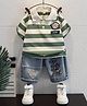 POP STREET KIDS Cotton Knit Half Sleeves Rugby Striped Tee With Distressed Shorts Set - Green