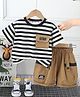 POP STREET KIDS Cotton Knit Half Sleeves Striped Tee With Shorts Set - Brown