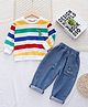 POP STREET KIDS Cotton Knit Full Sleeves Rugby Striped Light Winter Sweatshirt & Jeans Set - Multi Colour