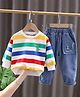 POP STREET KIDS Cotton Knit Full Sleeves Rugby Striped Light Winter Sweatshirt & Jeans Set - Multi Colour