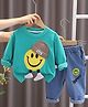 POP STREET KIDS Cotton Knit Full Sleeves Smiley Face Printed Light Winter Sweatshirt & Jeans Set - Green