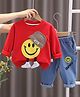 POP STREET KIDS Cotton Knit Full Sleeves Smiley Face Printed Light Winter Sweatshirt & Jeans Set - Red