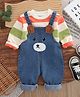 POP STREET KIDS Cotton Knit Teddy Bear Designed Dungaree With Full Sleeves Rugby Striped Light Winter Sweatshirt Set - Multi Colour