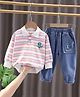 POP STREET KIDS Cotton Knit Full Sleeves Striped & Dinosaur Printed Light Winter Polo Tee & Jeans Set - Pink