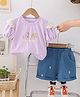 POP STREET KIDS Cotton Knit Half Puffed Sleeves Floral Embroidered Tee & Shorts Set - Lavender