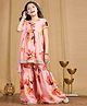 Cutiekins Georgette Woven Half Puffed Sleeves Floral Printed Lace Embellished Kurti & Sharara With Dupatta Set - Peach & Gold