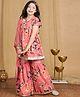 Cutiekins Georgette Woven Half Puffed Sleeves Floral Printed Lace Embellished Kurti & Sharara With Dupatta Set - Coral & Gold