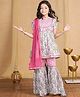 Cutiekins Cotton Blend Woven Half Puffed Sleeves Floral Printed Gota Lace Embellished Kurti & Sharara With Dupatta Set - White & Pink