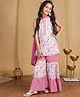 Cutiekins Cotton Blend Woven Sleeveless Floral Printed & Lace Embellished Kurti Sharara With Dupatta Set - White & Pink
