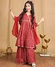 Cutiekins Viscose Rayon Woven Three Fourth Sleeves Bandhani Printed & Gota Lace Embellished Kurti Sharara With Dupatta Set - Maroon & White