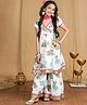 Cutiekins Cotton Blend Woven Half Puffed Sleeves Floral Printed & Gota Lace Embellished Kurti Sharara With Dupatta Set - White & Rama Green