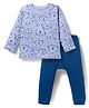 Kookie Kids Interlock Knit Full Sleeves T-Shirt & Lounge Pant Set with Animal Print - Navy Blue